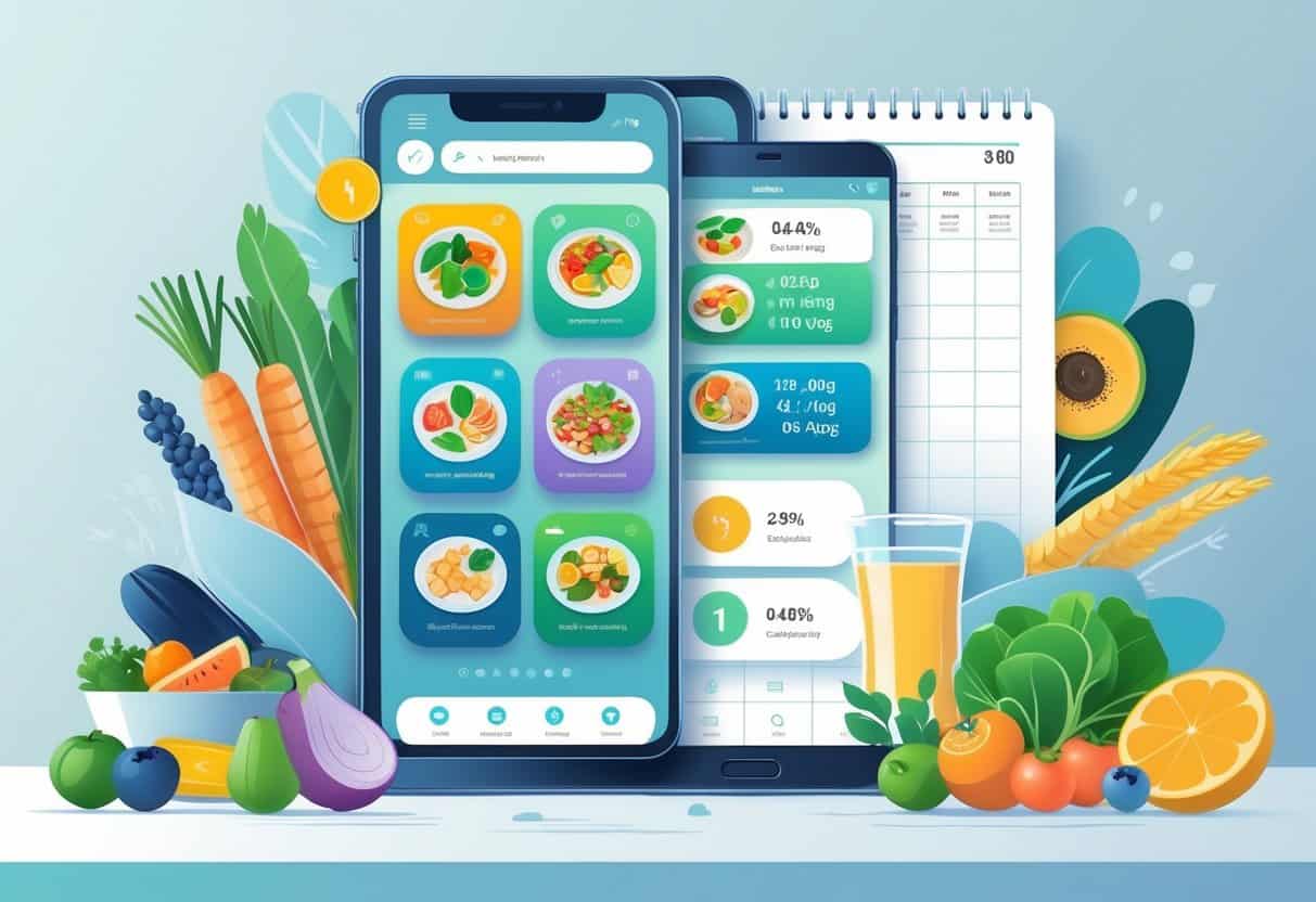 A digital device showing meal planning and carb tracking apps surrounded by fresh healthy food ingredients and planning tools.