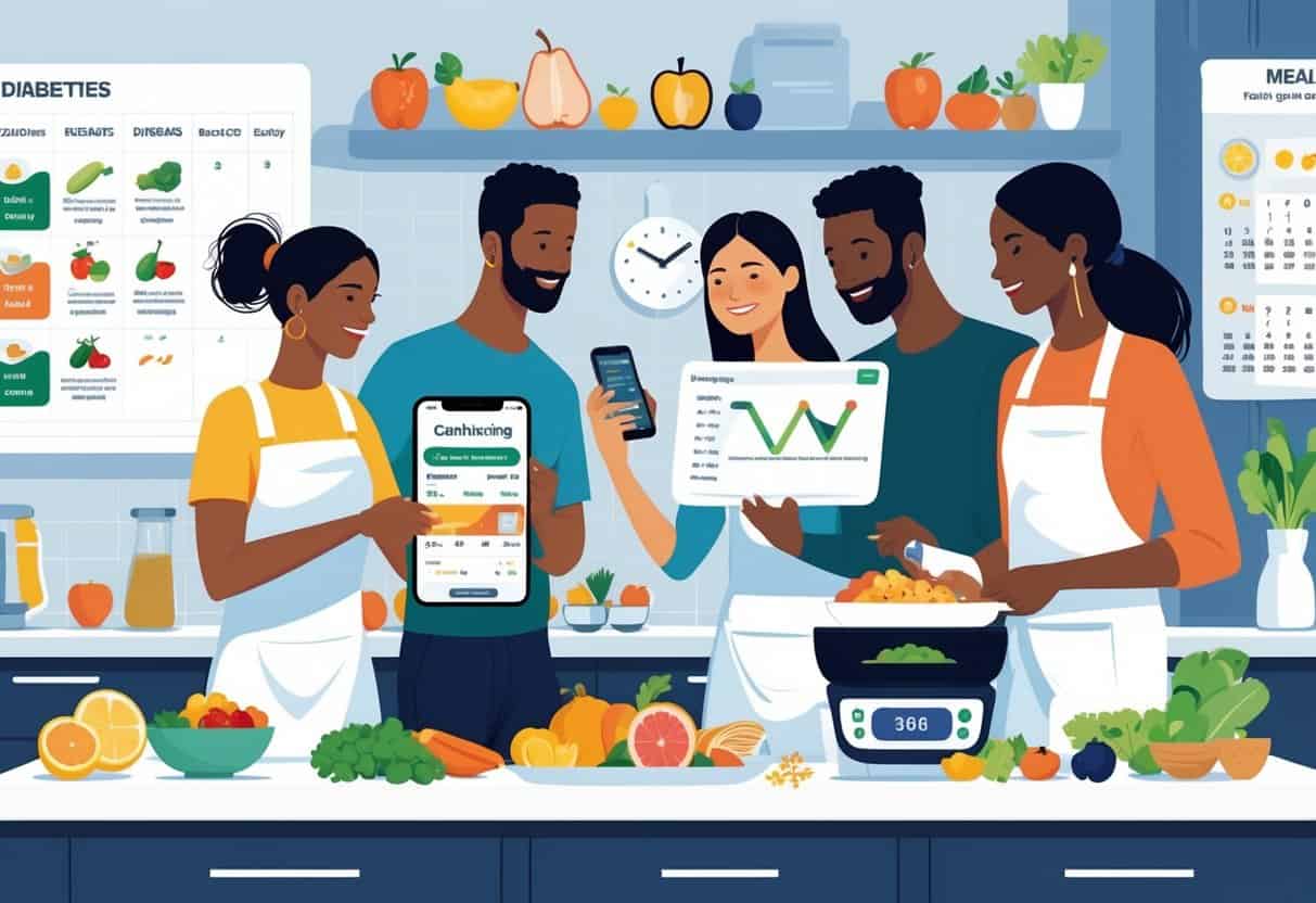 People in a kitchen preparing healthy meals and using a smartphone app to track carbohydrates for diabetes management.