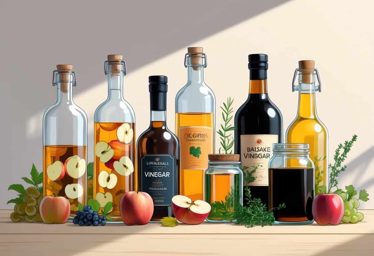 A variety of vinegar bottles with fresh apples, grapes, and herbs arranged on a wooden surface.