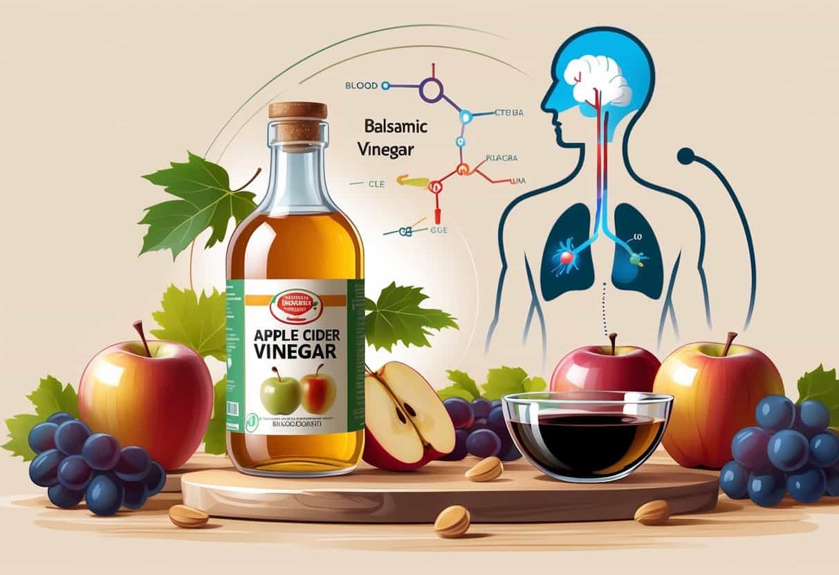 A glass bottle of apple cider vinegar and a bowl of balsamic vinegar on a wooden surface with fresh apples and grapes nearby, alongside a human silhouette highlighting the pancreas and bloodstream.