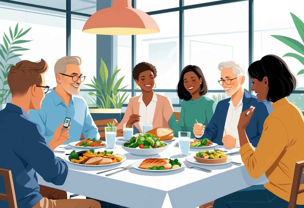 A group of adults eating a healthy meal at a restaurant, with one person checking their blood glucose level.