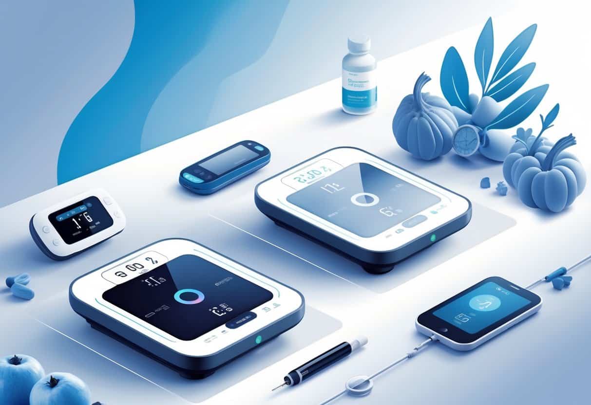 Two modern smart scales side by side showing digital health readings with diabetes-related items like a glucose monitor and insulin pen nearby.