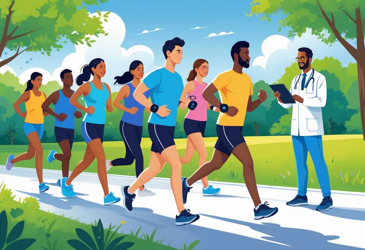 People of different ages and backgrounds using fitness trackers while exercising outdoors, with a healthcare professional nearby.