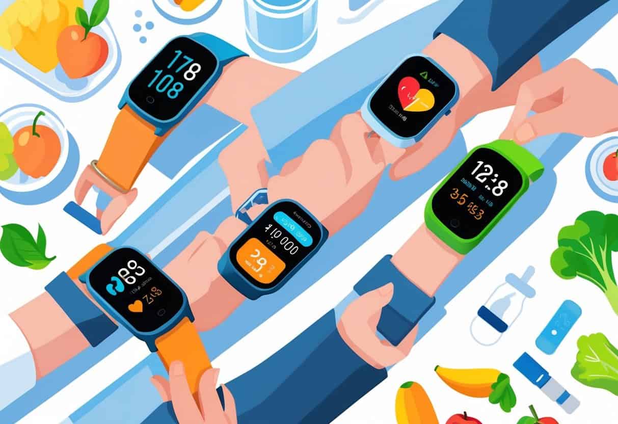 A diverse group of people using fitness trackers with health metrics displayed, surrounded by diabetes care items like a glucose meter and healthy foods.