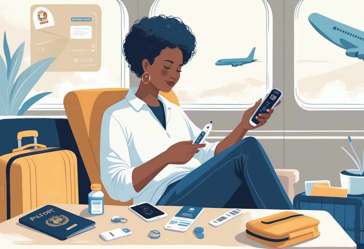 A traveler at an airport lounge checking their blood glucose level with diabetes supplies on the table and travel items nearby.