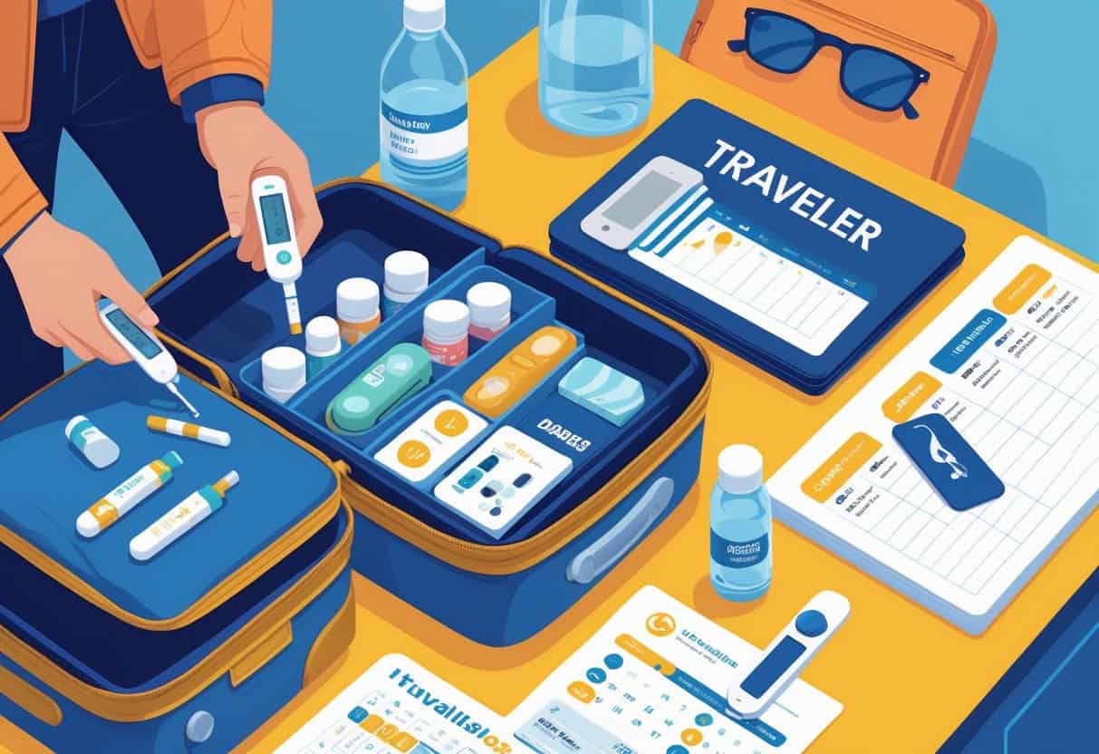 A person packing diabetes supplies and checking their blood sugar while preparing for a trip.
