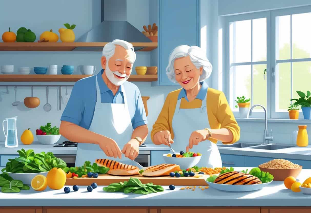 A senior couple preparing a healthy meal together in a bright kitchen with fresh fruits, vegetables, and lean proteins on the counter.