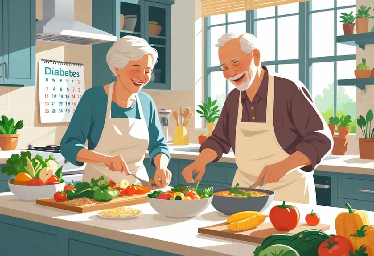An elderly man and woman preparing a healthy meal together in a kitchen, surrounded by fresh vegetables and fruits.