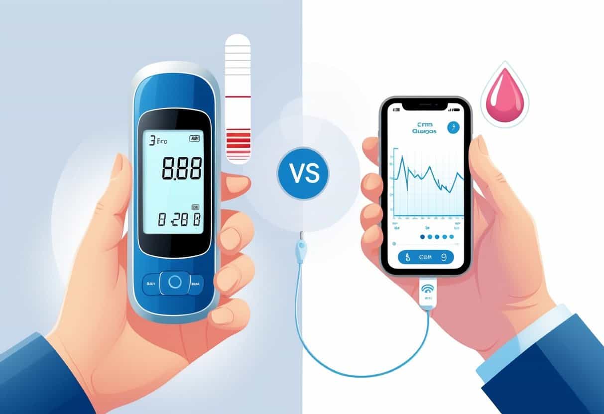A hand holding a traditional glucose meter with a test strip and a person wearing a small sensor on their upper arm with a smartphone showing glucose data nearby.