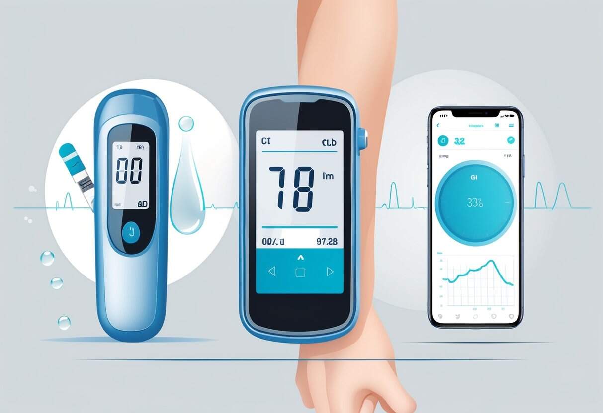 A side-by-side illustration of a handheld glucose meter with a test strip and a continuous glucose monitor attached to a person's arm, showing the devices used for measuring blood sugar levels.
