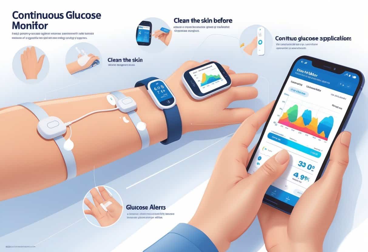 A person with a continuous glucose monitor sensor attached to their arm checking glucose readings on a smartphone.