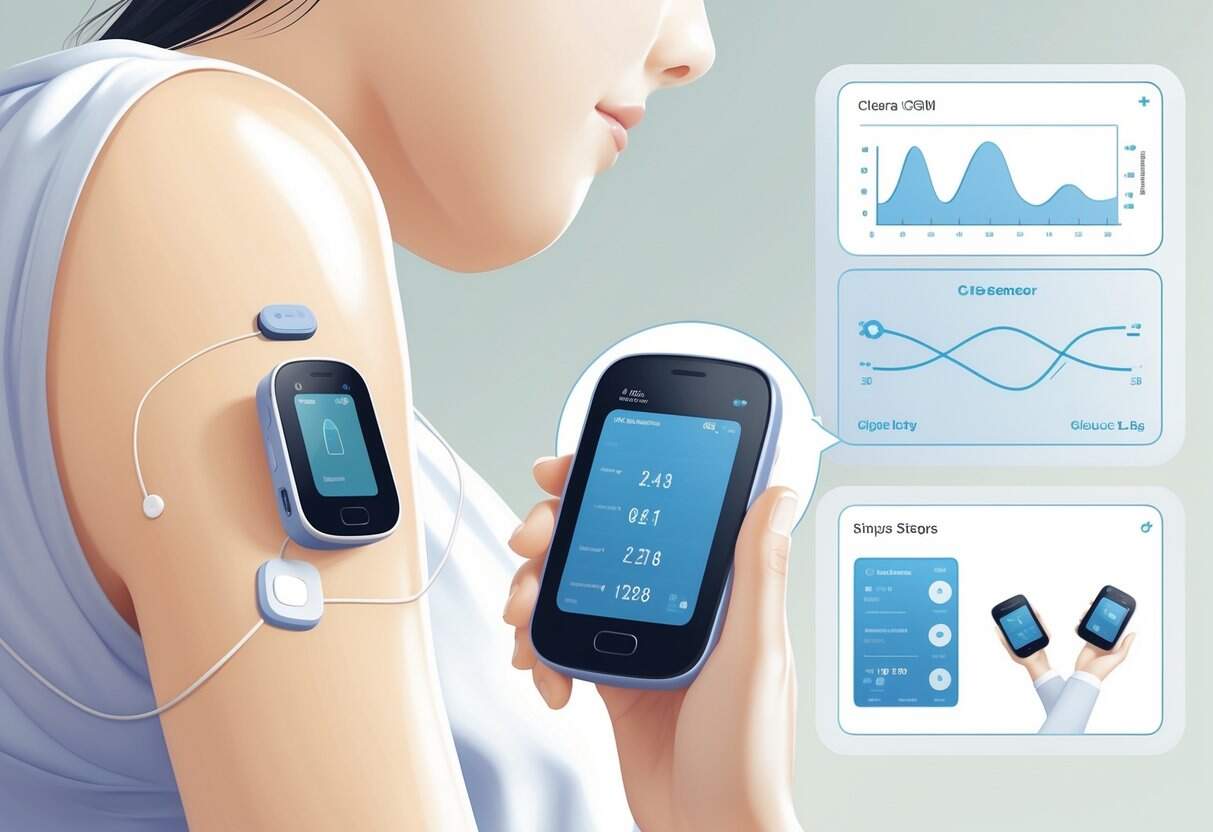 A person with a small glucose monitor sensor attached to their upper arm, holding a handheld device showing glucose readings.