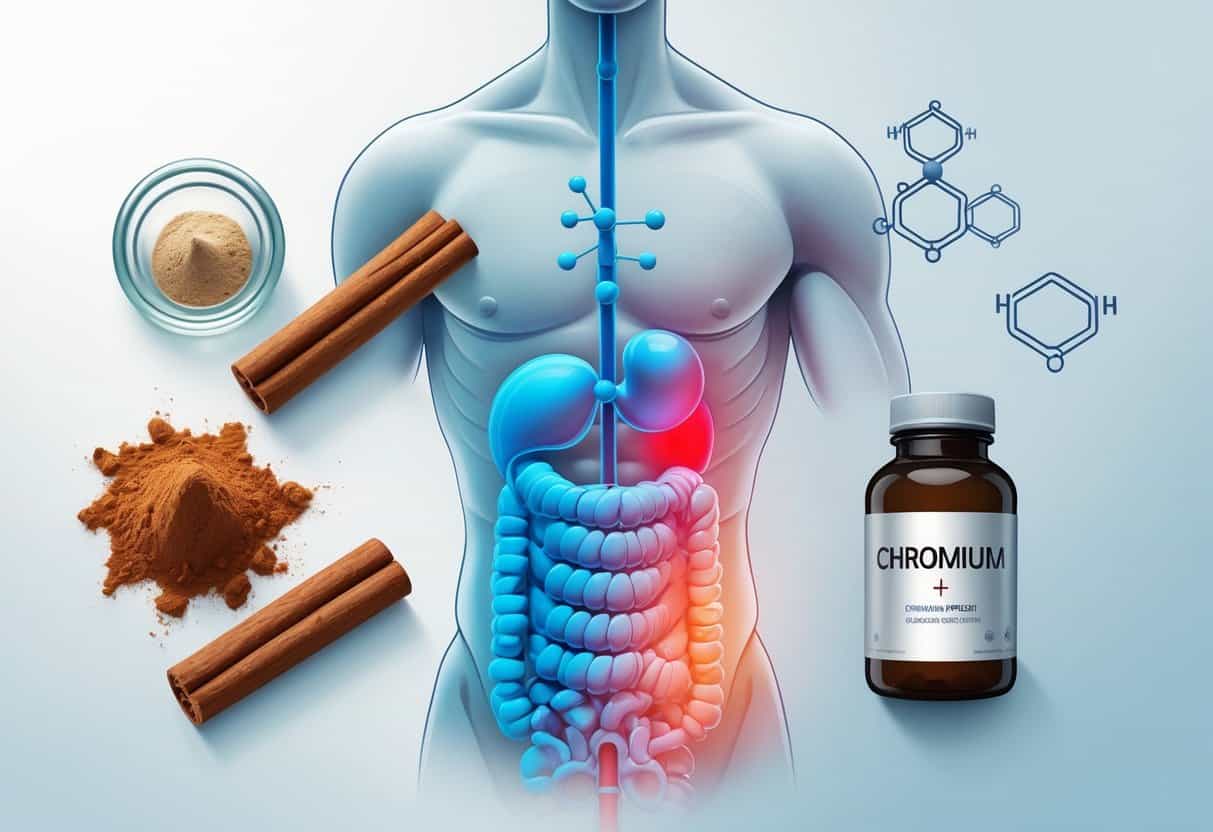 A human torso with highlighted bloodstream between illustrations of cinnamon sticks and chromium supplements, showing glucose molecules flowing through veins.
