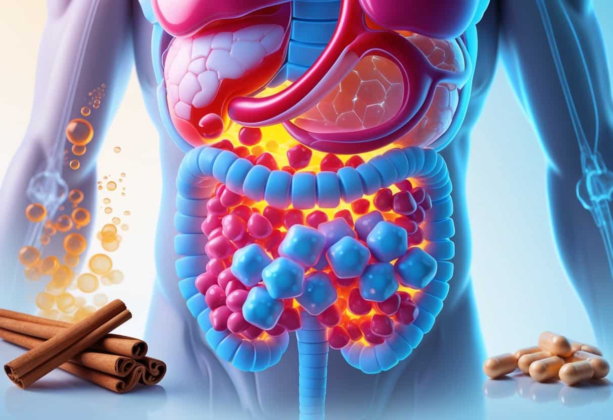 A human torso showing the pancreas releasing insulin into the bloodstream with glucose molecules present, alongside cinnamon sticks and chromium capsules displayed nearby.