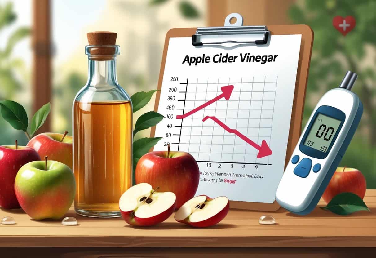 A bottle of apple cider vinegar with apples and a glucose chart showing lowering blood sugar levels on a table.