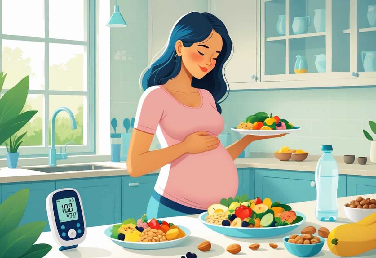 A pregnant woman preparing a healthy meal in a bright kitchen, surrounded by nutritious foods and a glucose monitor.