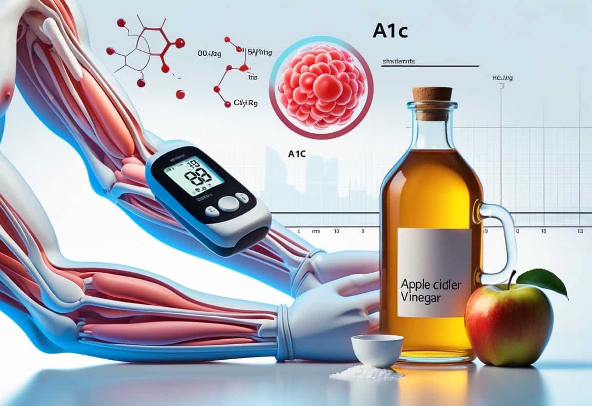 A human arm with a blood glucose meter, a red blood cell symbolizing A1C, and a bottle of apple cider vinegar with an apple and measuring spoon nearby.
