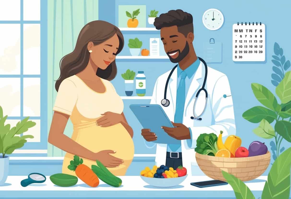 A pregnant woman talking with a healthcare professional in a clinic, with healthy foods and medical items nearby representing nutrition and diabetes care during pregnancy.