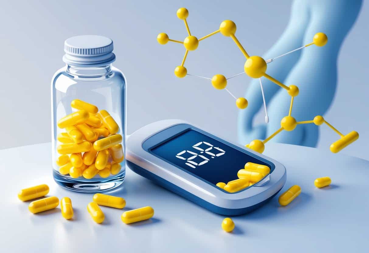 A bottle of yellow Berberine capsules next to a glucose monitor showing stable blood sugar, with a glowing pancreas illustration in the background.