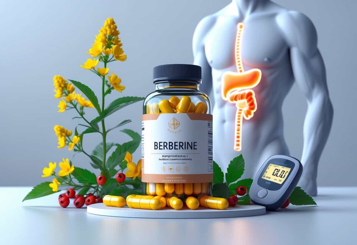 A bottle of yellow berberine capsules next to berberis plant with yellow flowers and red berries, a glucose meter showing stable readings, and a human figure highlighting the pancreas area.
