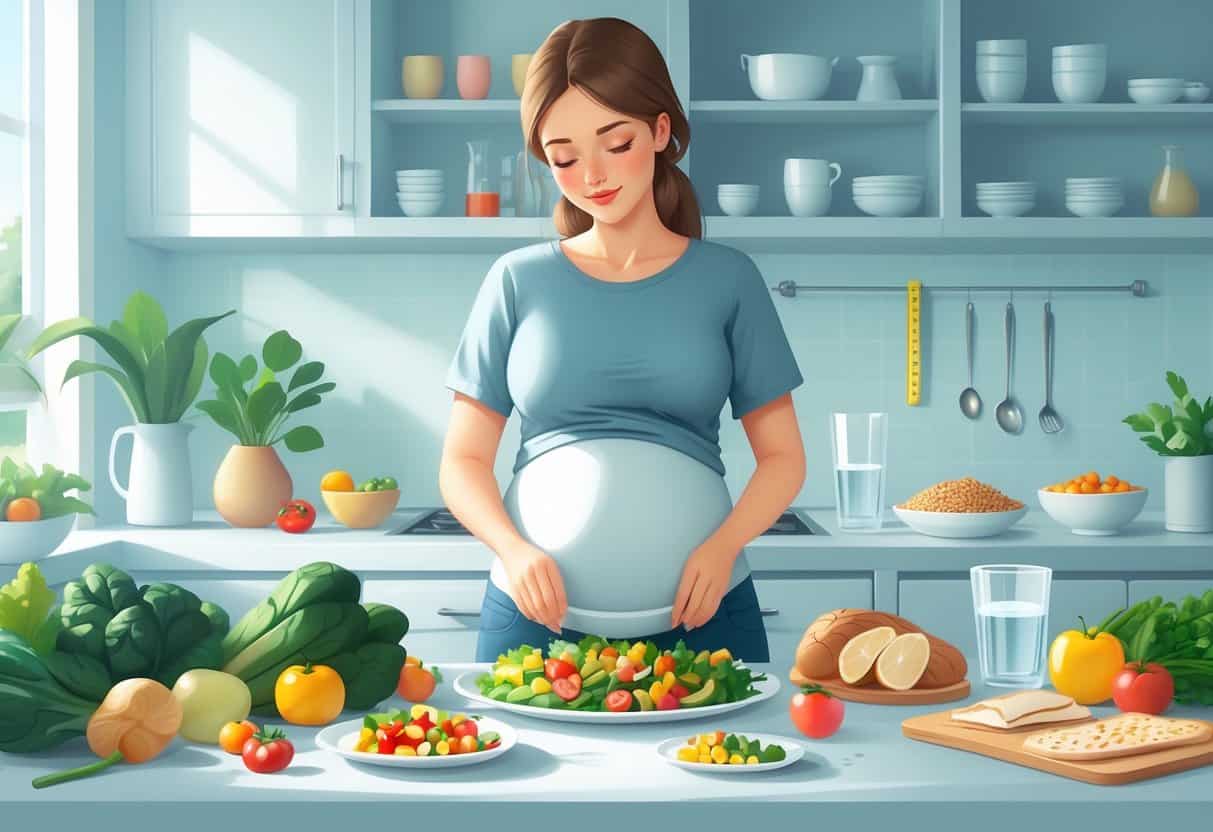 A pregnant woman preparing a healthy meal with fresh vegetables and fruits in a bright kitchen.