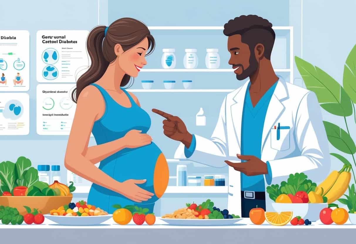 A pregnant woman consulting with a healthcare professional about healthy foods to manage gestational diabetes.