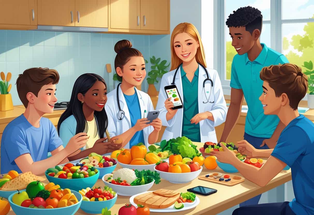 A group of teenagers and a healthcare professional discussing healthy food choices around a kitchen table with various nutritious foods.