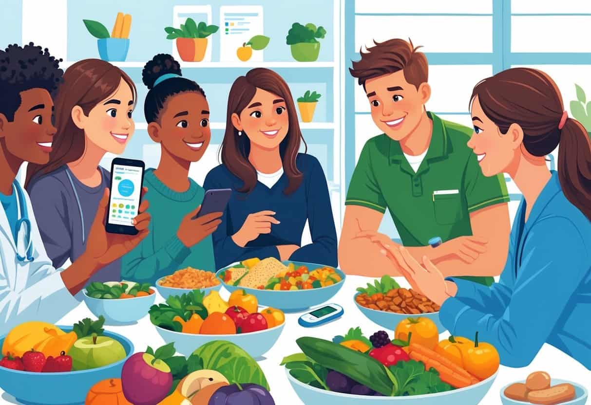 A group of teenagers and a healthcare professional discussing healthy food choices with various nutritious foods and diabetes management tools on a table.