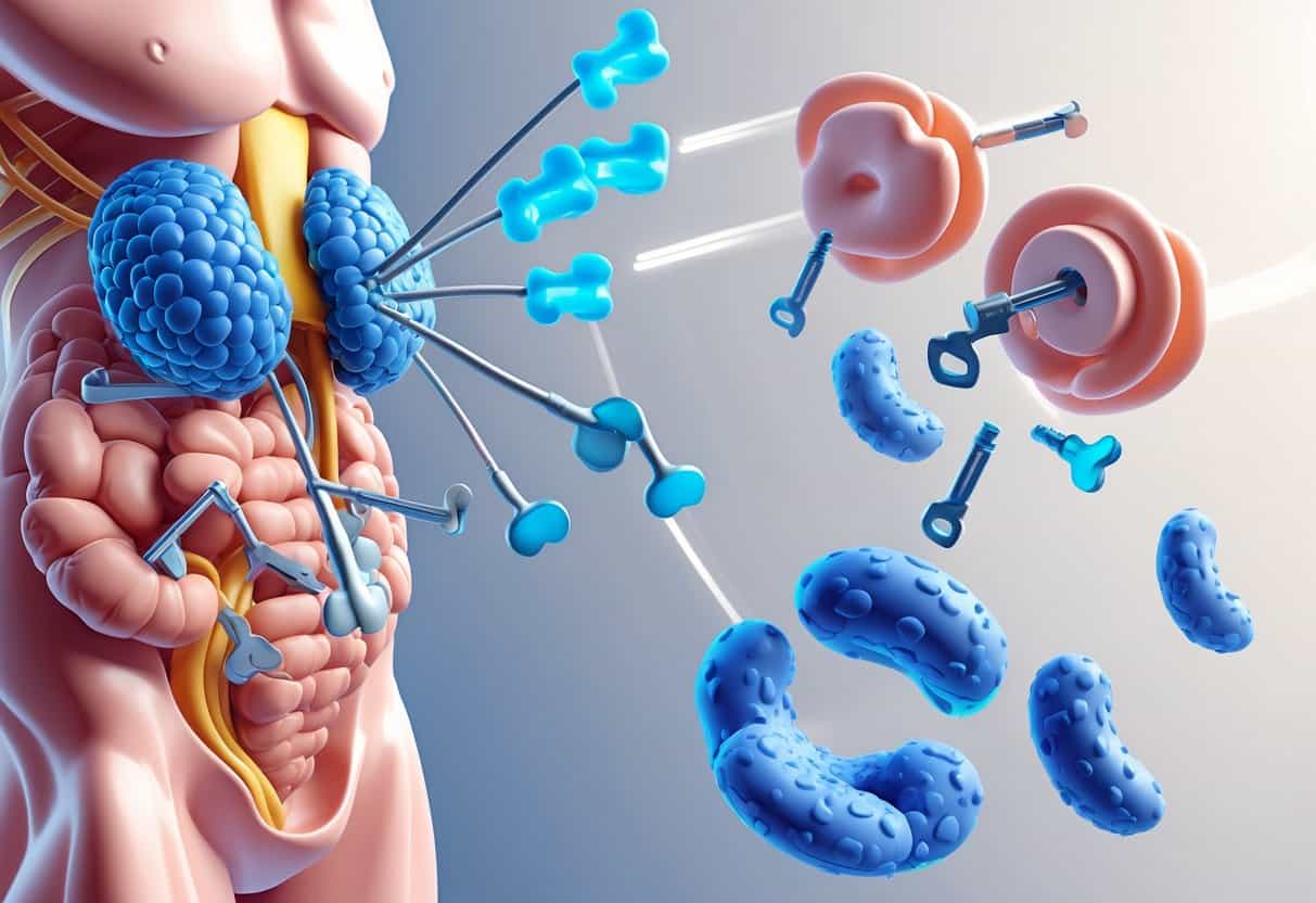 Illustration showing insulin molecules interacting with muscle and fat cells, highlighting blocked receptors in insulin resistance and open receptors after reversal.