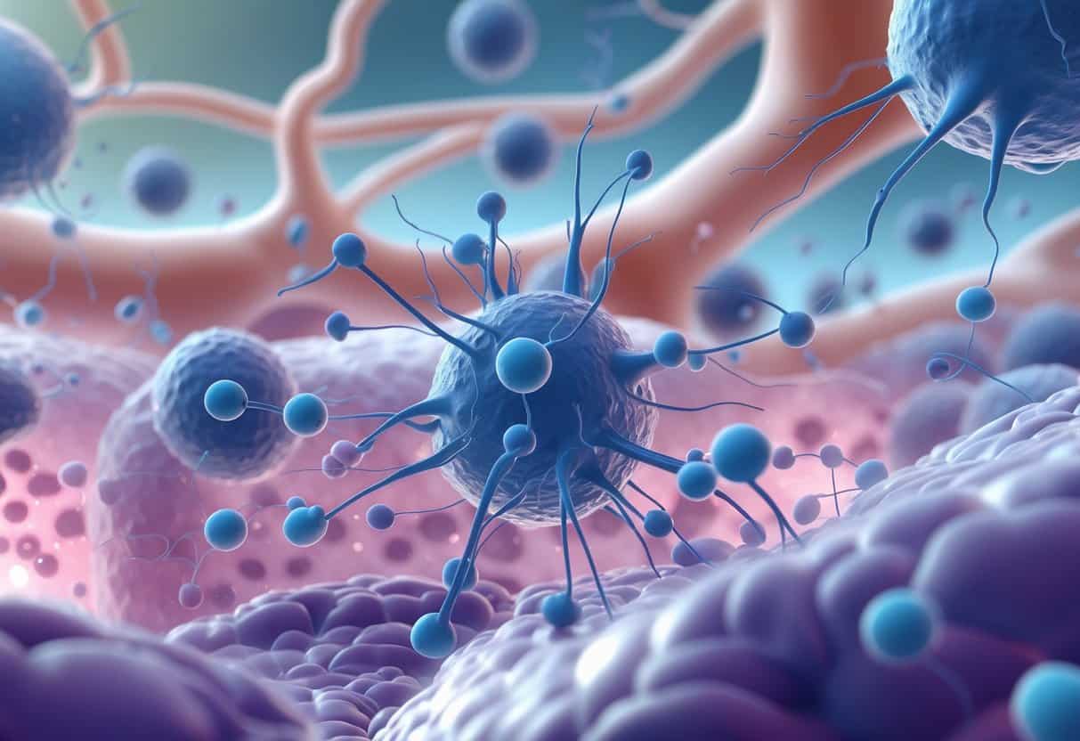Close-up view of human cells showing insulin molecules interacting with cell receptors, illustrating insulin resistance and its reversal with glucose entering cells.