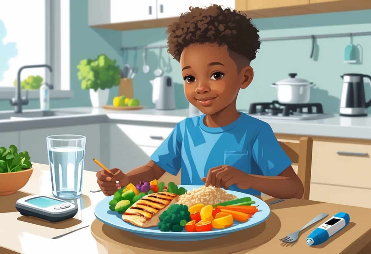 A child sitting at a kitchen table with a balanced plate of healthy food including lean protein, whole grains, vegetables, and fruit, with a glass of water nearby and diabetes management items on the counter.