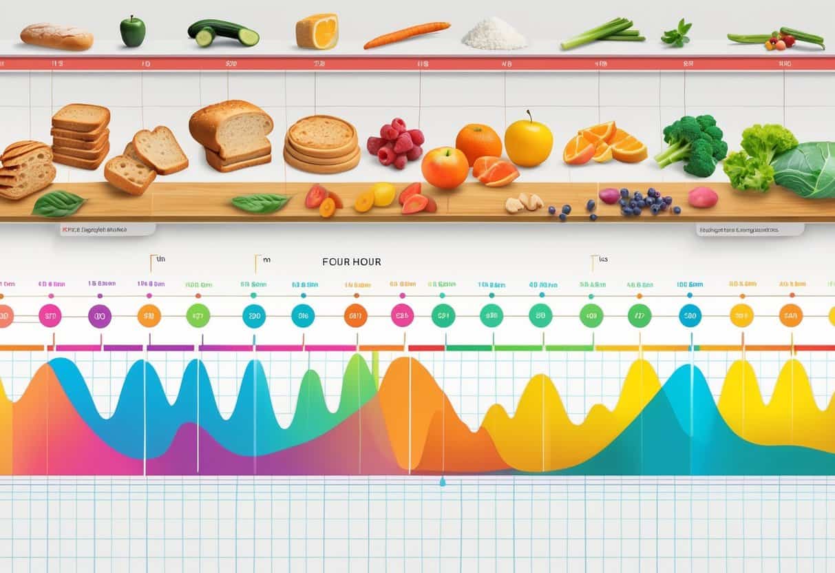 An illustration showing a timeline with images of different foods above it and a colorful line graph below depicting changes in blood sugar levels over time after eating.