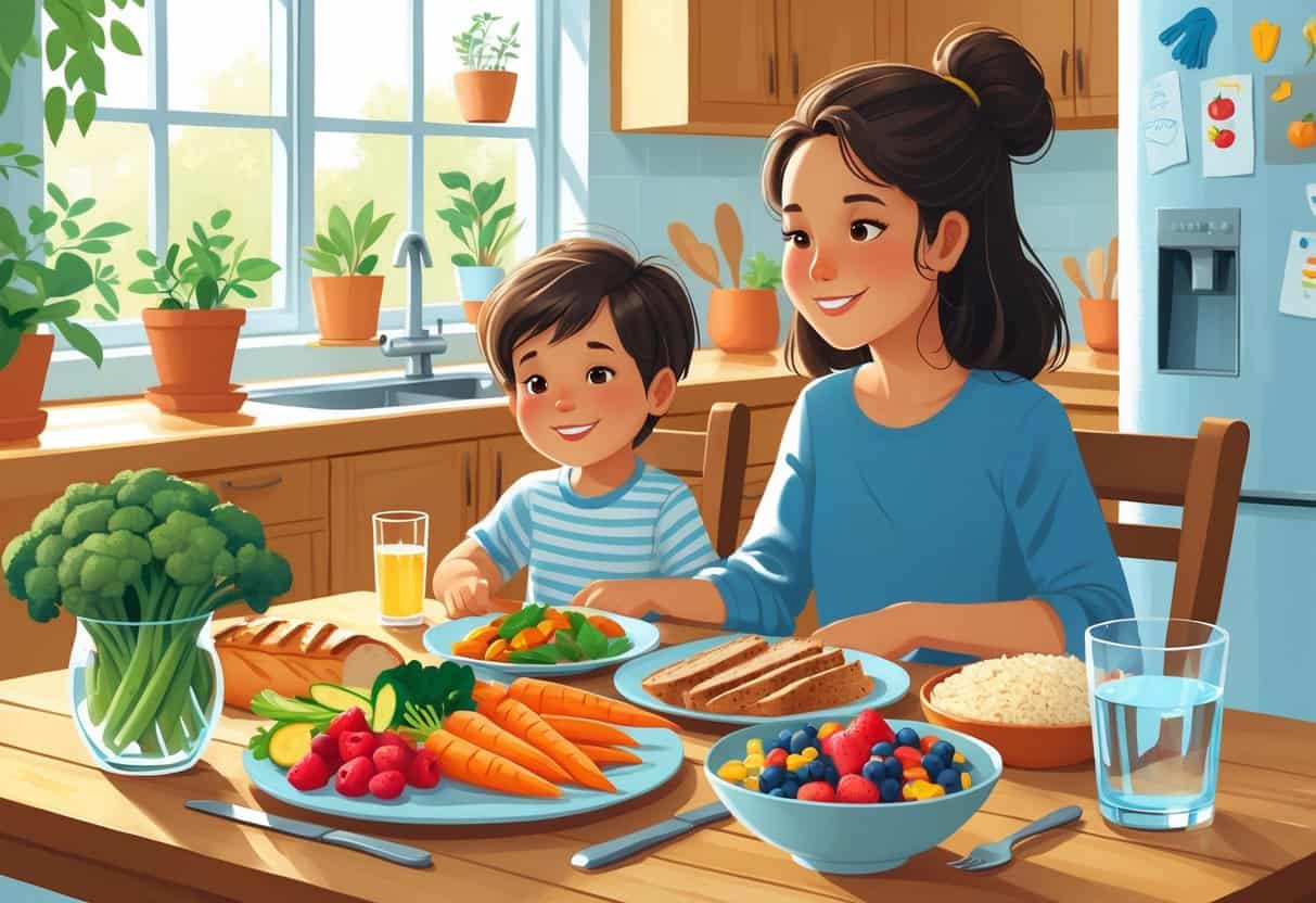 A parent and child sitting at a kitchen table with a variety of healthy foods, including vegetables, whole grains, lean proteins, and berries, in a bright and welcoming kitchen.