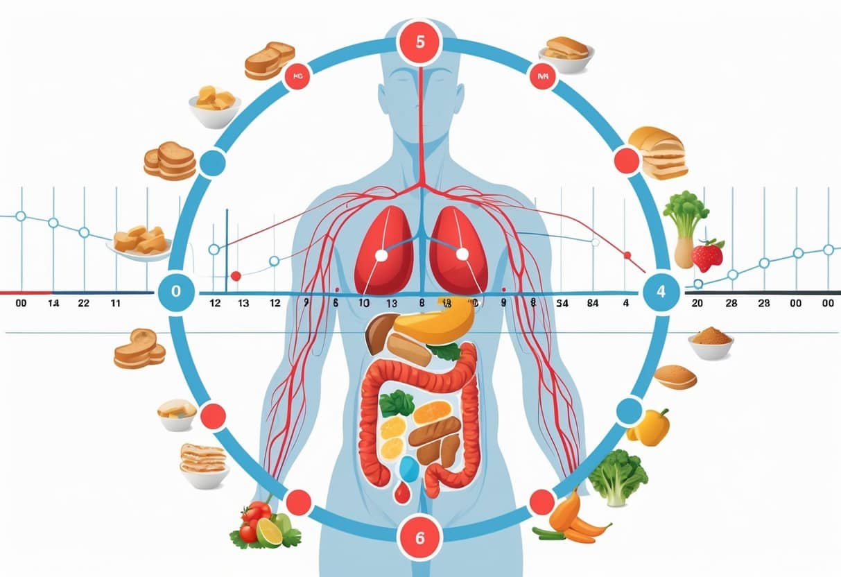 Illustration showing a human torso with a bloodstream and a clock-like timeline indicating how different foods affect blood sugar levels hour by hour after eating.