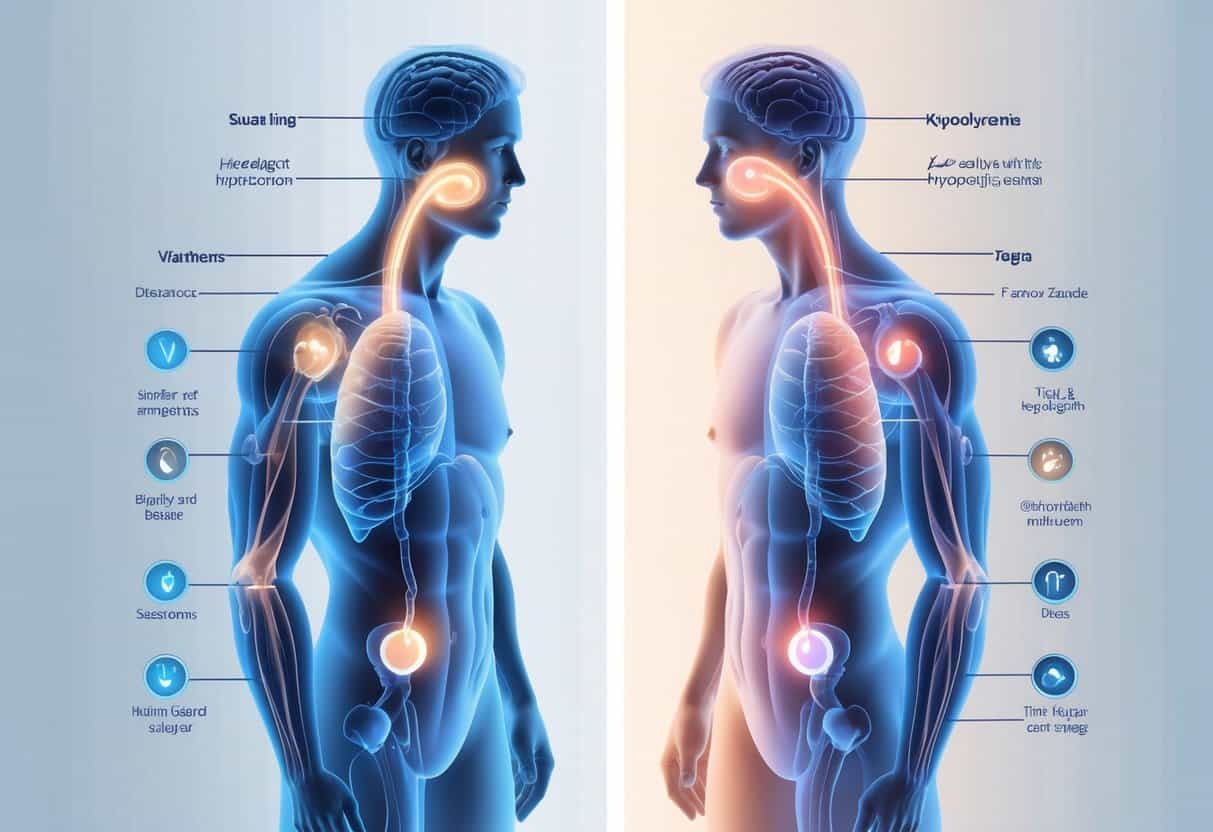 Two human figures side by side showing symptoms of low and high blood sugar, with visual cues like sweating and dizziness on one, and thirst and fatigue on the other.