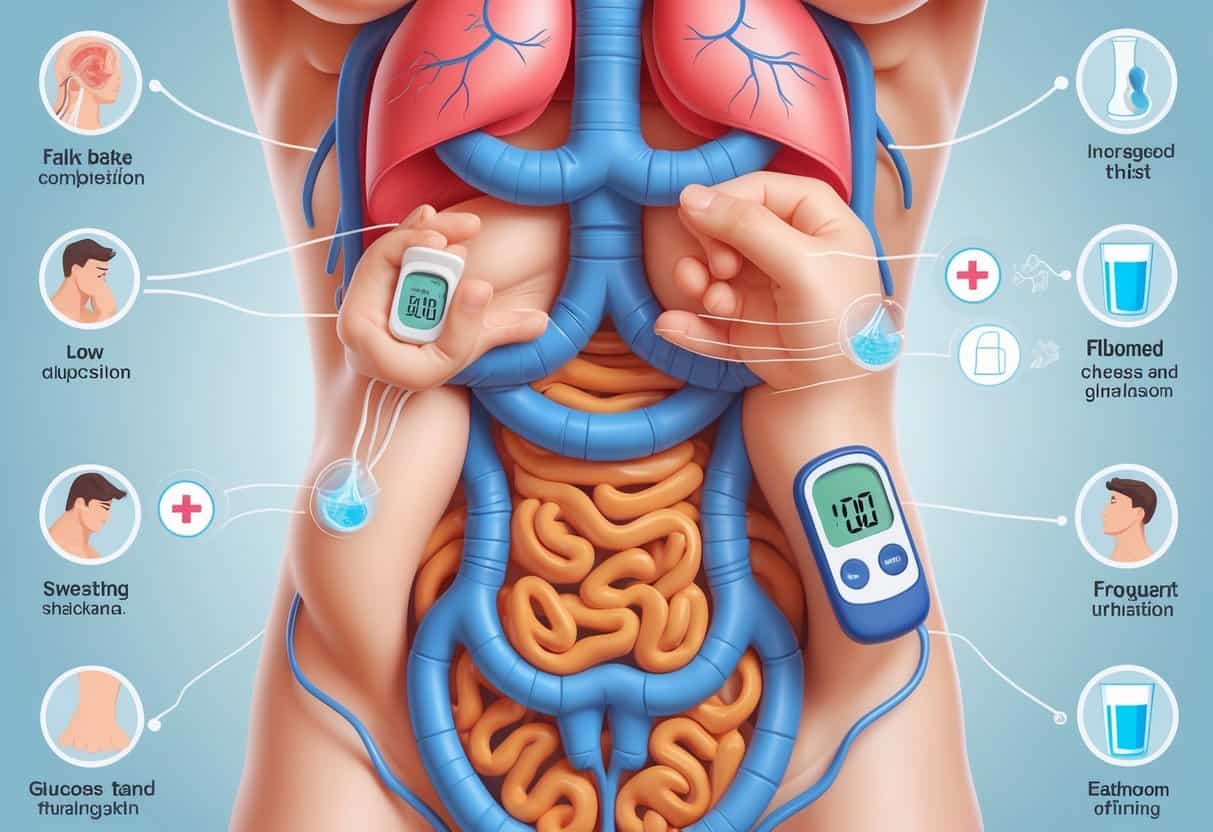 Illustration of a human torso showing symptoms of low and high blood sugar, with visual signs like shaking hands and sweating on one side, and flushed skin and thirst on the other.
