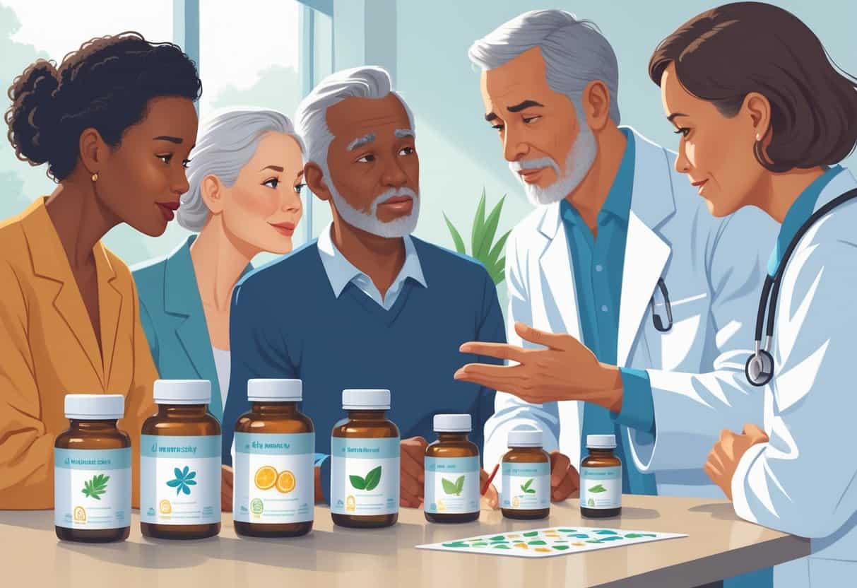 A group of adults and a healthcare professional discussing dietary supplements in a clinical setting, showing caution and care.