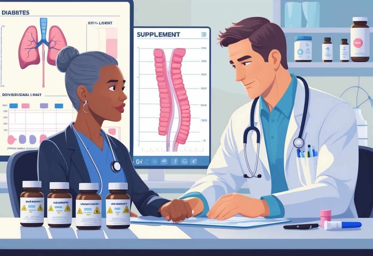 A healthcare professional talks with a diabetic patient in a medical office, with various supplement bottles on a table showing caution symbols.