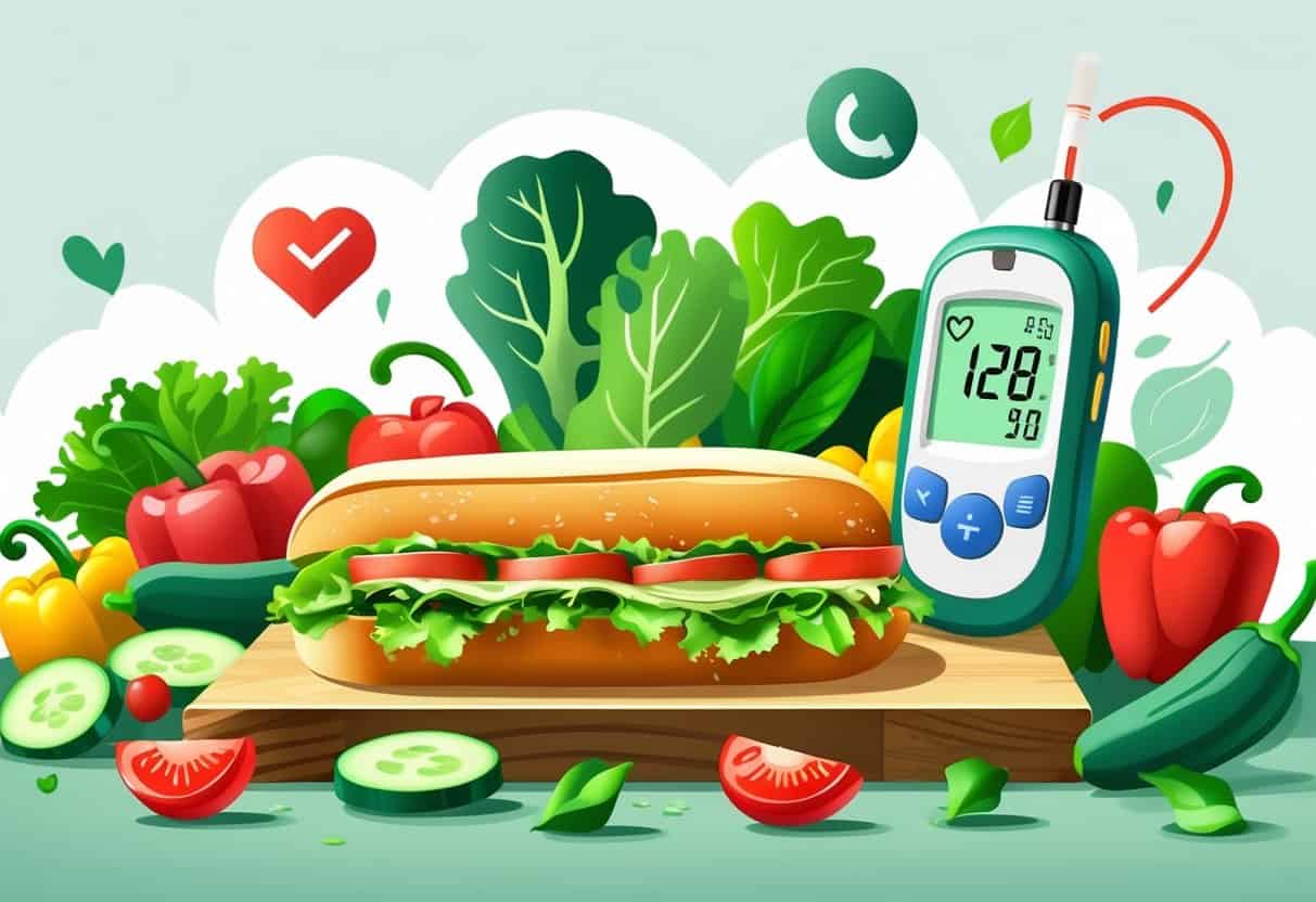 A Subway sandwich with fresh vegetables and a glucose meter showing stable blood sugar, surrounded by health-related icons.