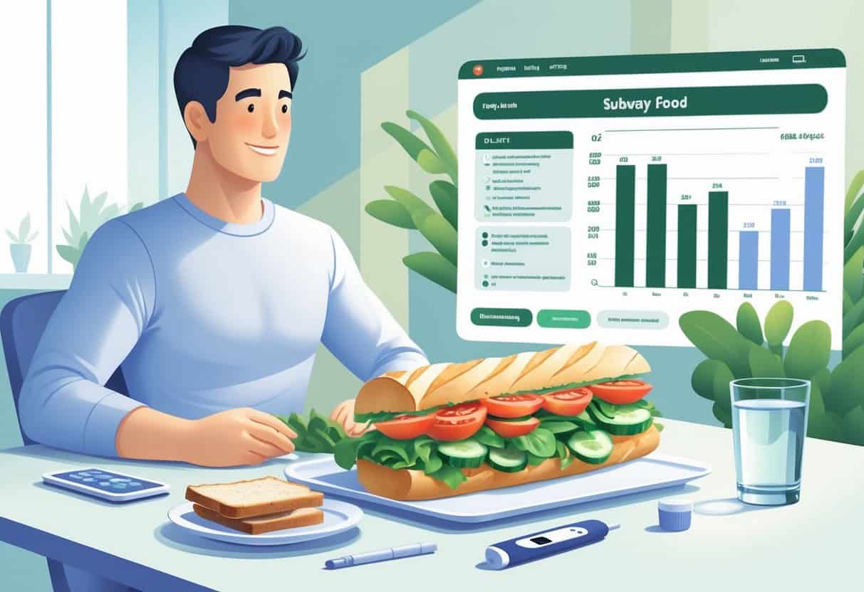 A person sitting at a table with a healthy Subway sandwich, glucose meter, and nutritional chart, illustrating diabetes and nutrition.