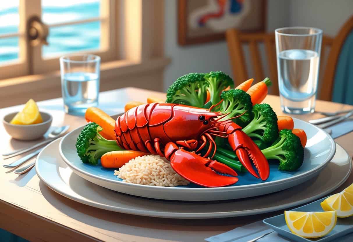 A plated seafood meal with grilled red lobster, steamed vegetables, and brown rice on a restaurant table.
