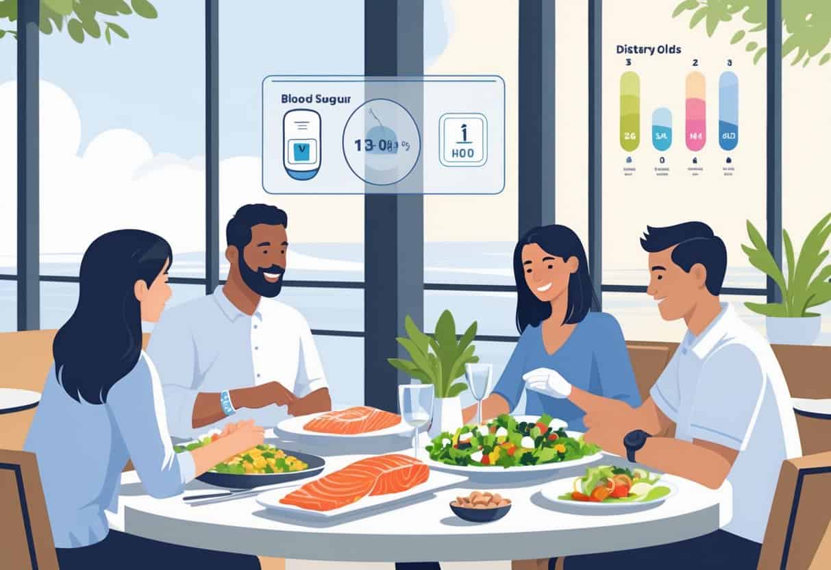 People dining at a seafood restaurant with healthy dishes, alongside a subtle infographic about diabetes and dietary guidelines.