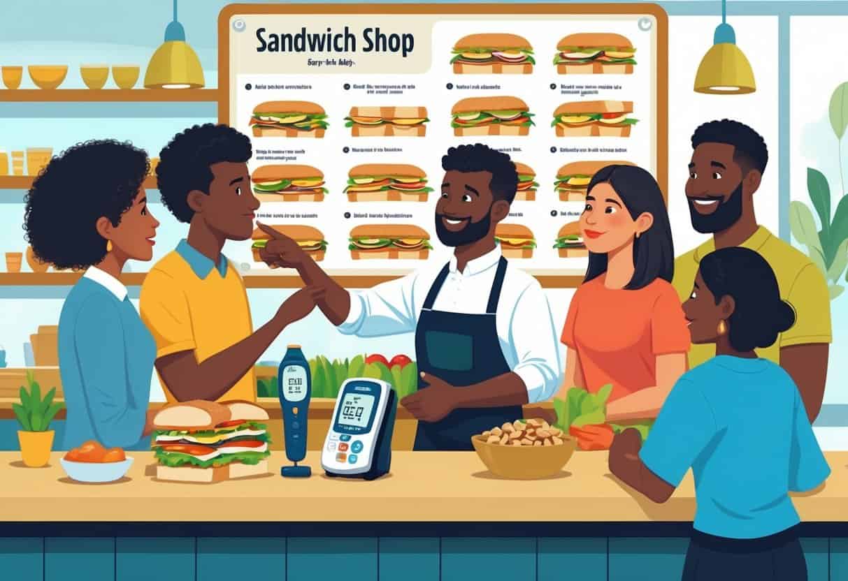 People ordering healthy sandwiches at a sandwich shop, with a staff member pointing to menu options and diabetes-related items visible on the counter.
