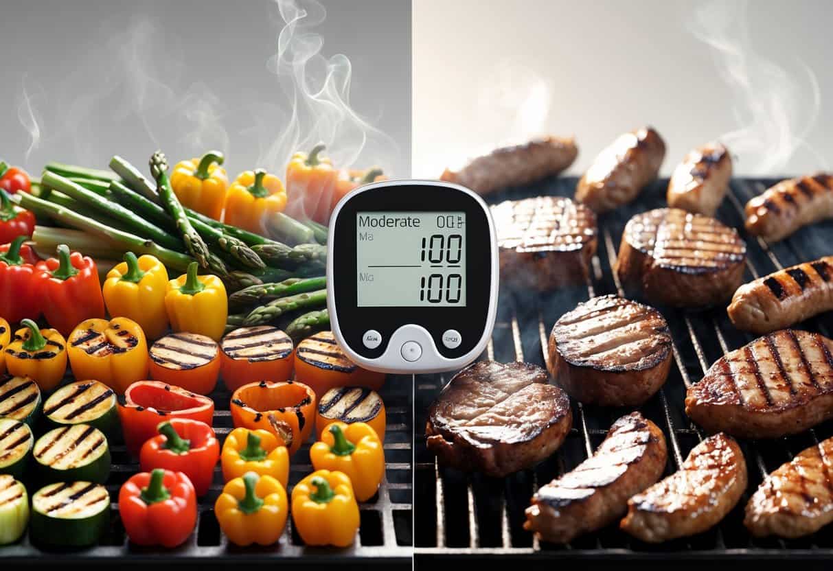 A grill with colorful grilled vegetables on one side and grilled meats on the other, alongside a glucose monitor indicating blood sugar levels.