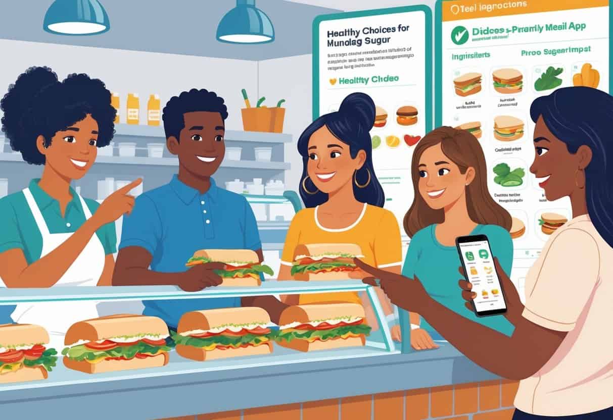 People ordering healthy sandwiches at a deli counter with an employee offering nutritious options suitable for managing blood sugar.