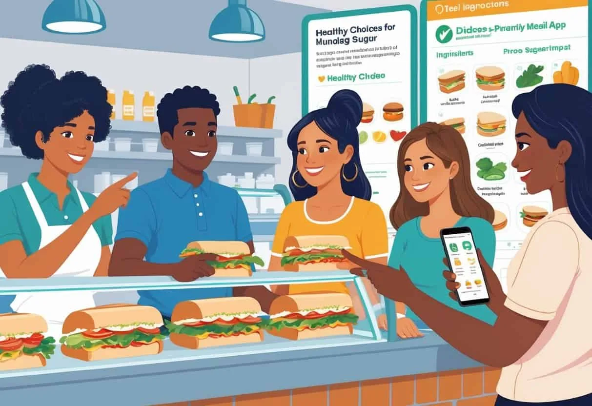 People ordering healthy sandwiches at a deli counter with an employee offering nutritious options suitable for managing blood sugar.