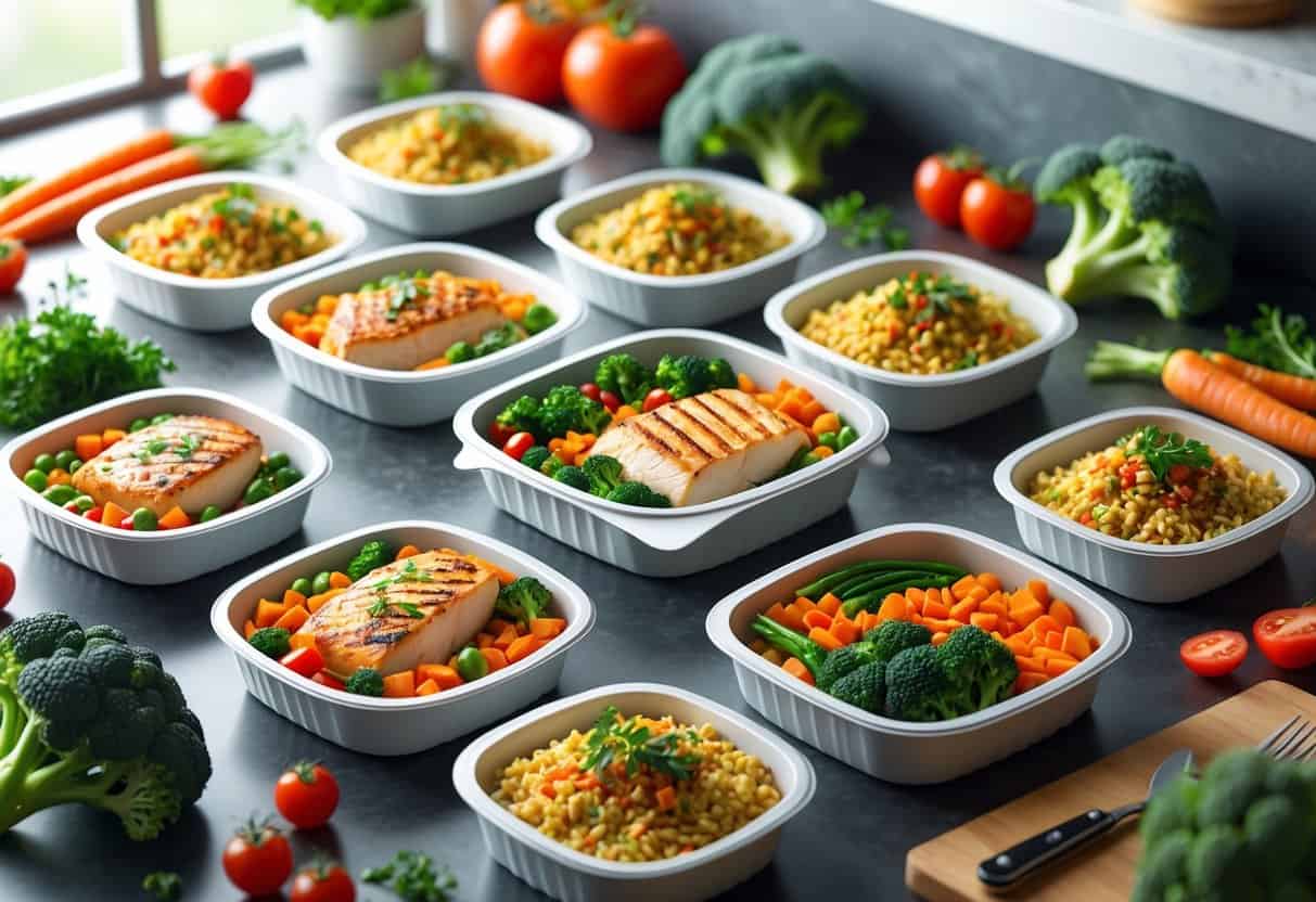 A kitchen countertop with various frozen dinner meals showing balanced portions of vegetables, lean proteins, and whole grains, surrounded by fresh ingredients.