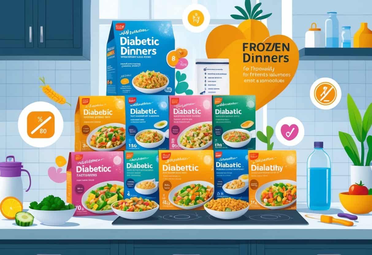 A kitchen countertop displaying various frozen dinner packages with icons representing low sugar, fiber, and healthy nutrients, alongside fresh vegetables and healthy lifestyle items.