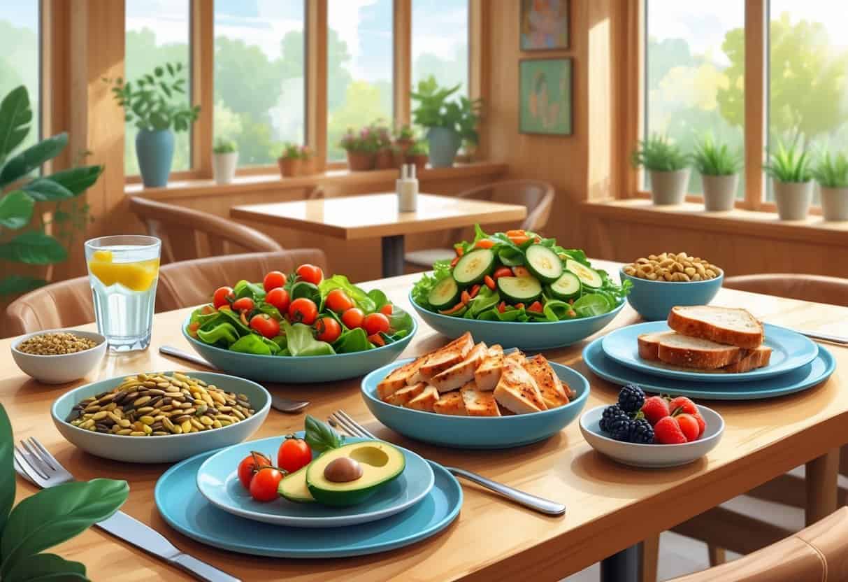 A table inside a Panera Bread café displaying various diabetic-friendly foods including salads, nuts, berries, avocado, whole grain bread, and healthy drinks.