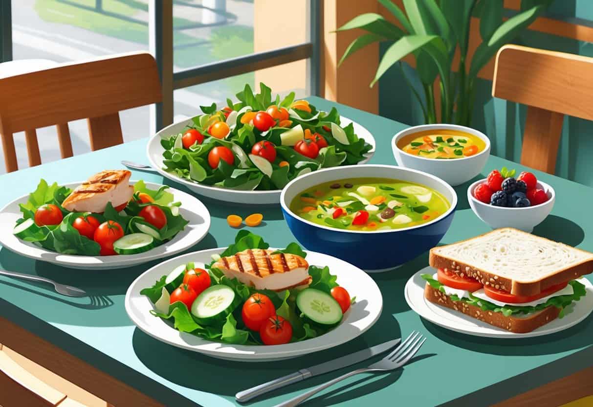 A table displaying healthy food options including a salad, vegetable soup, a whole grain sandwich with turkey, and fresh berries in a café setting.
